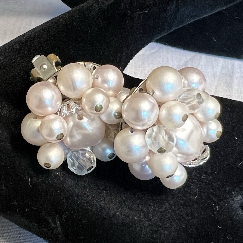 Vintage Japan Cluster Clip-On Earrings White Faux Pearl Glass
